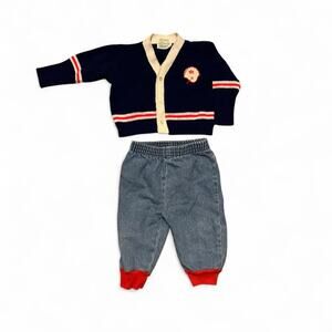 Vintage 70s 80s size 9-12 months baby boy set football cardigan denim jeans red